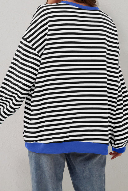 Green Stripe Oversized Contrast Trim Pullover Sweatshirt