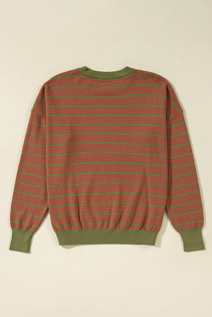Orange Stripe Trimmed Round Neck Drop Shoulder Loose Sweater