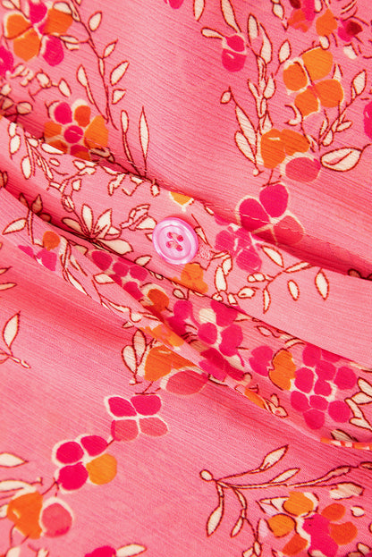 Rose Red Floral Print Wide Short Sleeve Loose Shirt