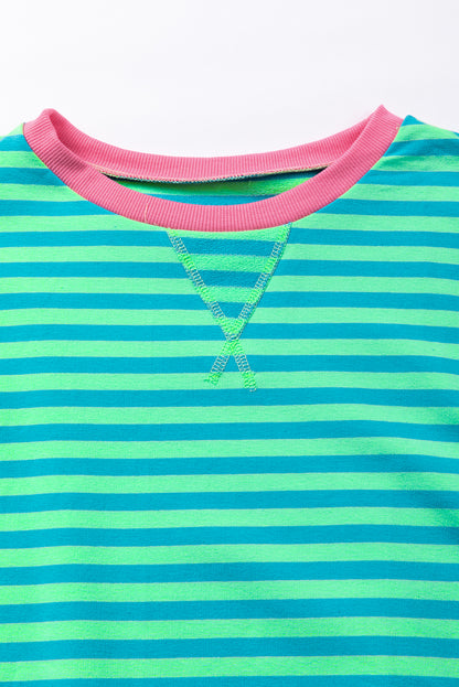 Green Stripe Oversized Contrast Trim Pullover Sweatshirt