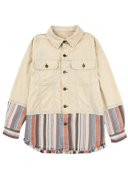 Green Button Up Pockets Striped Color Block Corduroy Jacket