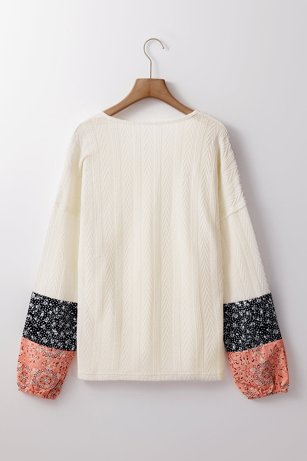 Black Floral Patchwork Textured Knit Drawstring V Neck Blouse