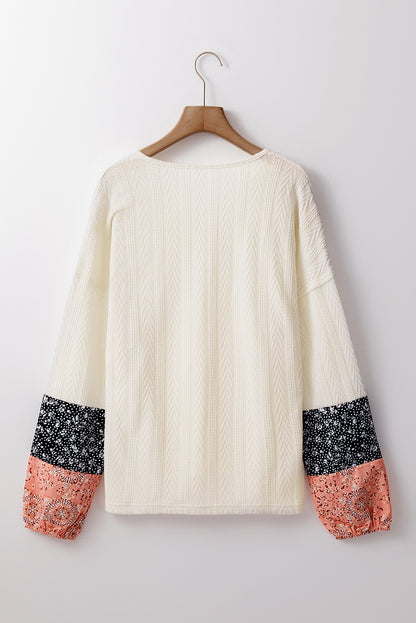 Black Floral Patchwork Textured Knit Drawstring V Neck Blouse