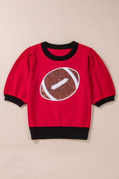 Purple Sequin Football Color Block Puff Short Sleeve Sweater