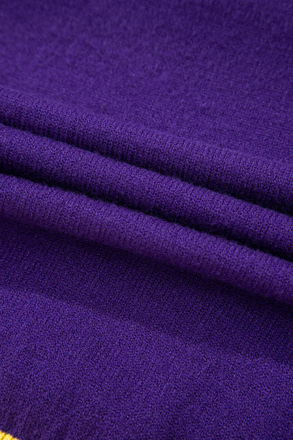 Purple Sequin Football Color Block Puff Short Sleeve Sweater