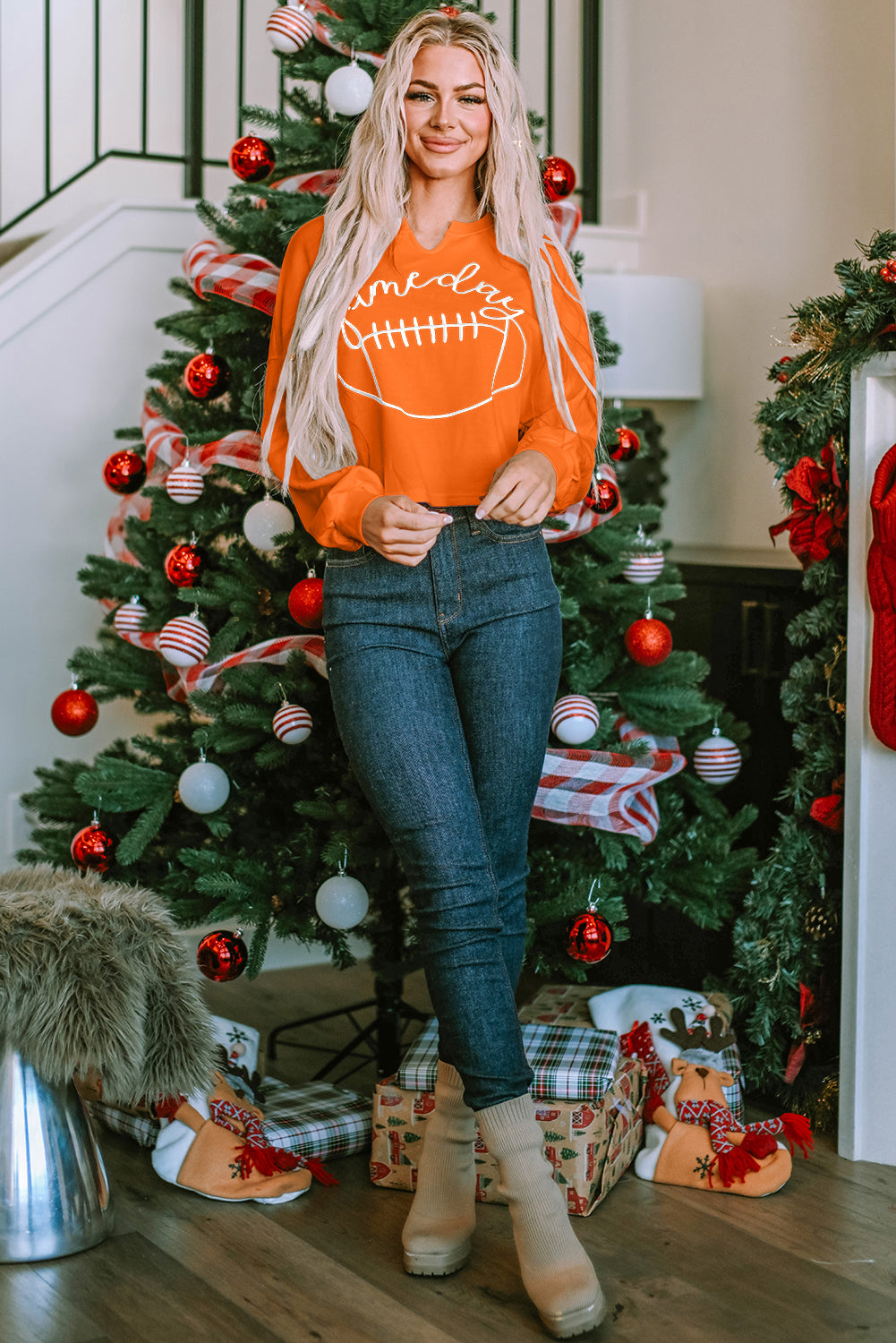 Orange Game Day Lettering Football Notched Neck Sweatshirt