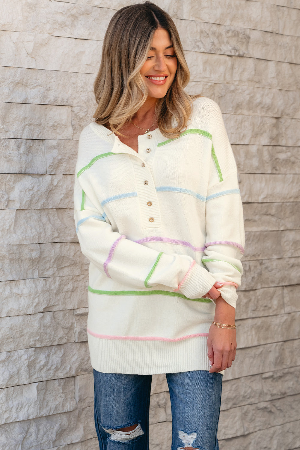 White Rainbow Stripes Drop Shoulder Baggy Henley Sweater