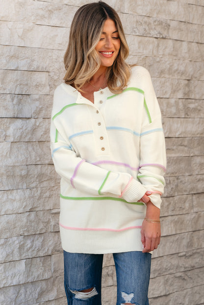 White Rainbow Stripes Drop Shoulder Baggy Henley Sweater
