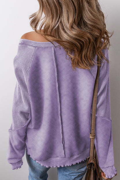 Black Solid Waffle Knit Patchwork Raglan Sleeve Sweatshirt