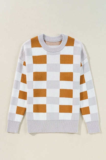 Orange Checkered Ribbed Edge O Neck Drop Shoulder Sweater