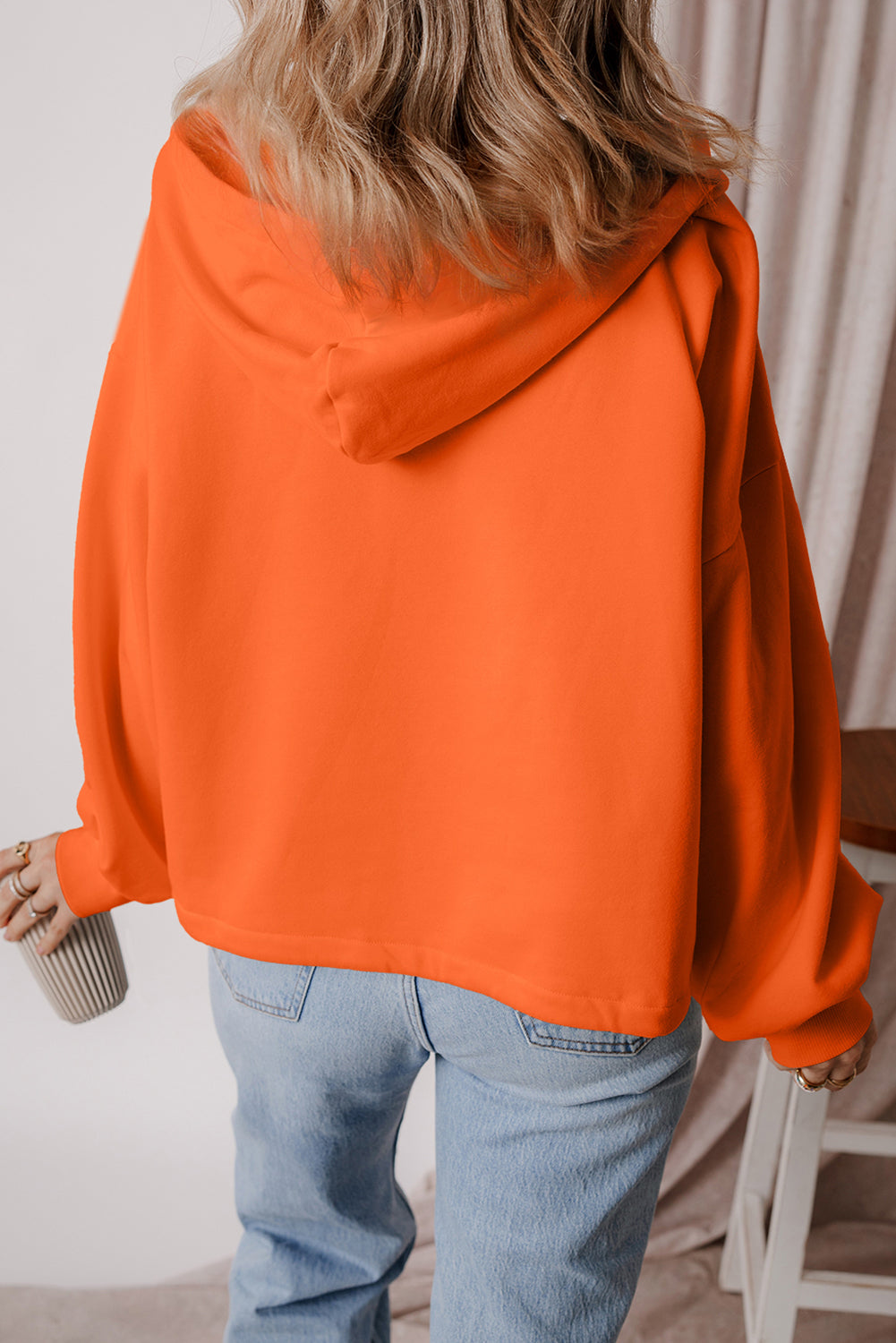 Light Grey Fleece Lined Half Zipper Kangaroo Pockets Loose Hoodie