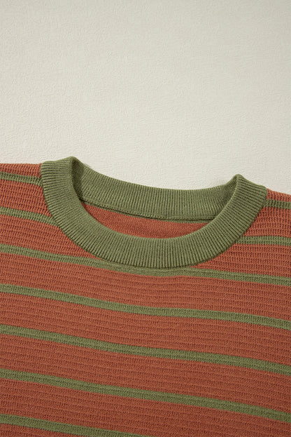 Orange Stripe Trimmed Round Neck Drop Shoulder Loose Sweater