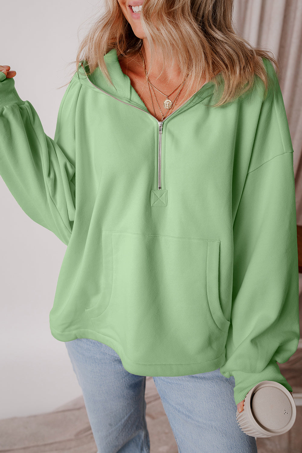 Light Grey Fleece Lined Half Zipper Kangaroo Pockets Loose Hoodie