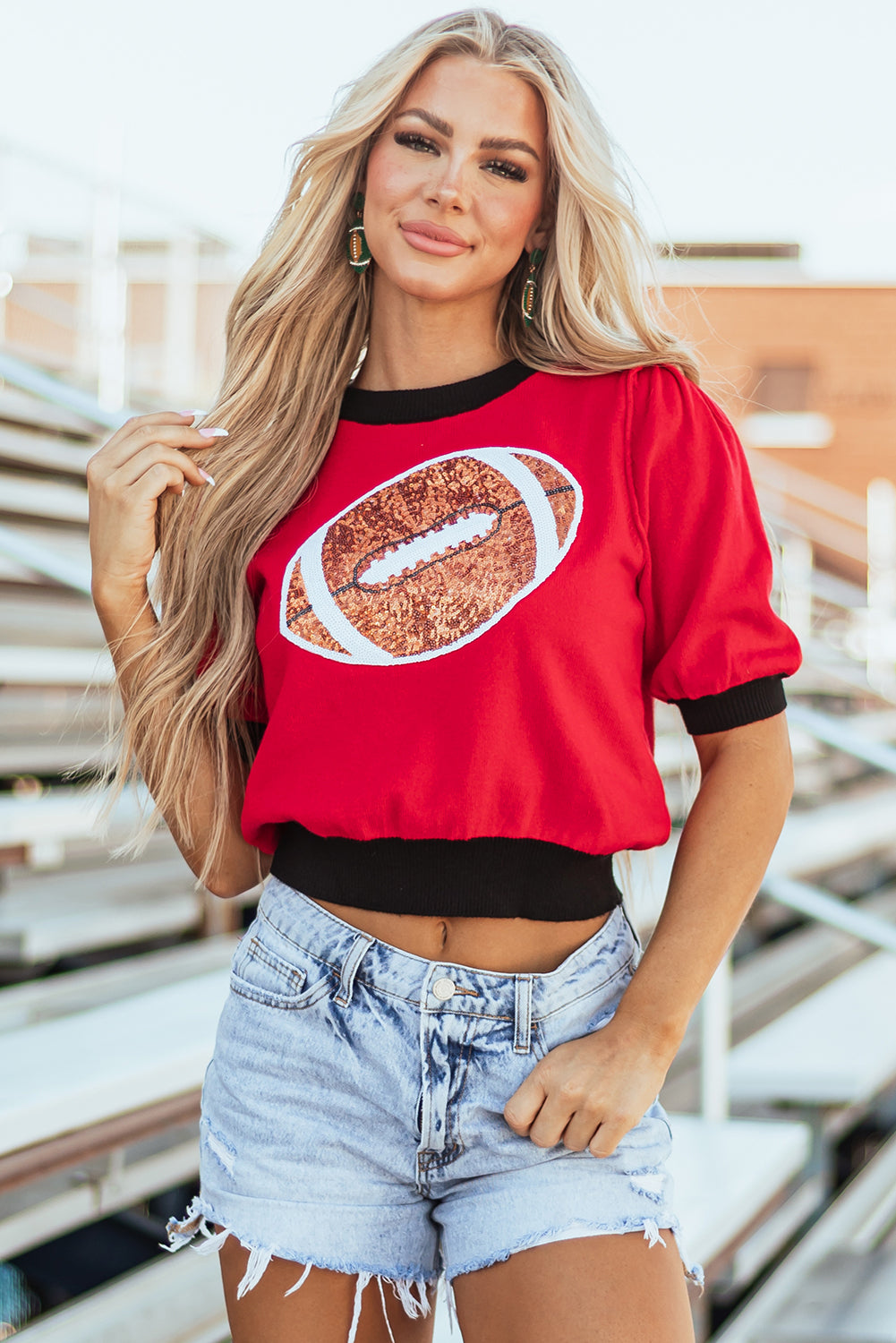 Purple Sequin Football Color Block Puff Short Sleeve Sweater