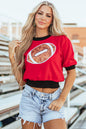 Purple Sequin Football Color Block Puff Short Sleeve Sweater