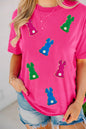 Rose Red Easter Rabbit Chenille Patched Pattern Crew Neck Tee