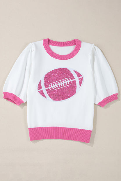 Purple Sequin Football Color Block Puff Short Sleeve Sweater
