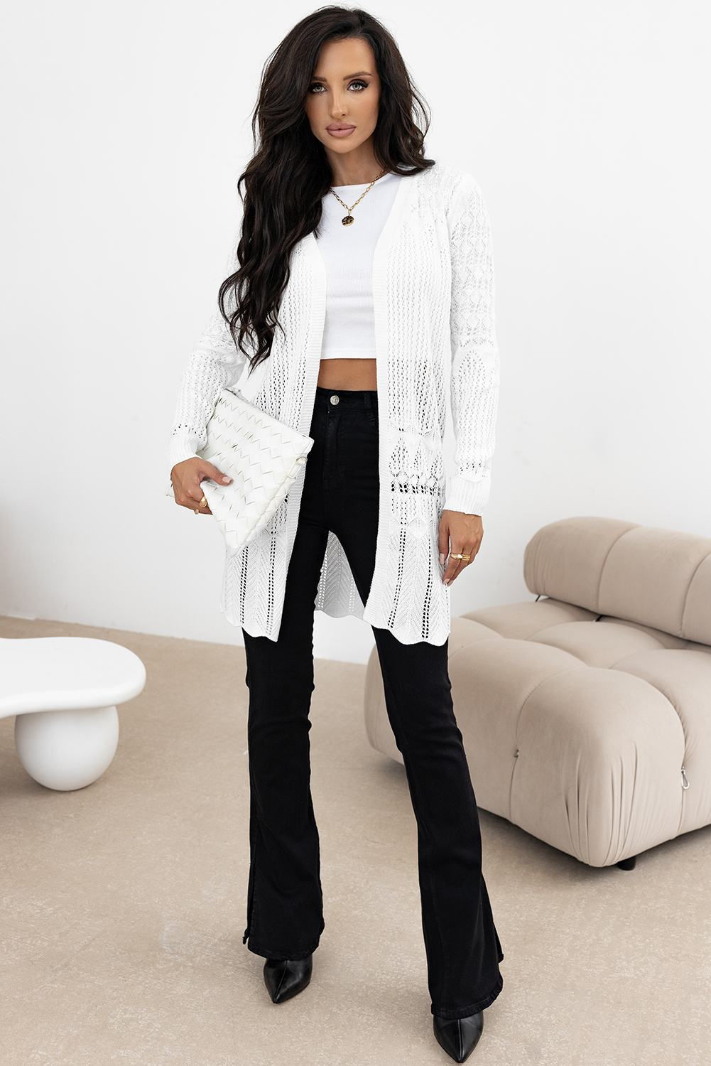 Black Crochet Hollow Out Open Front Cardigan