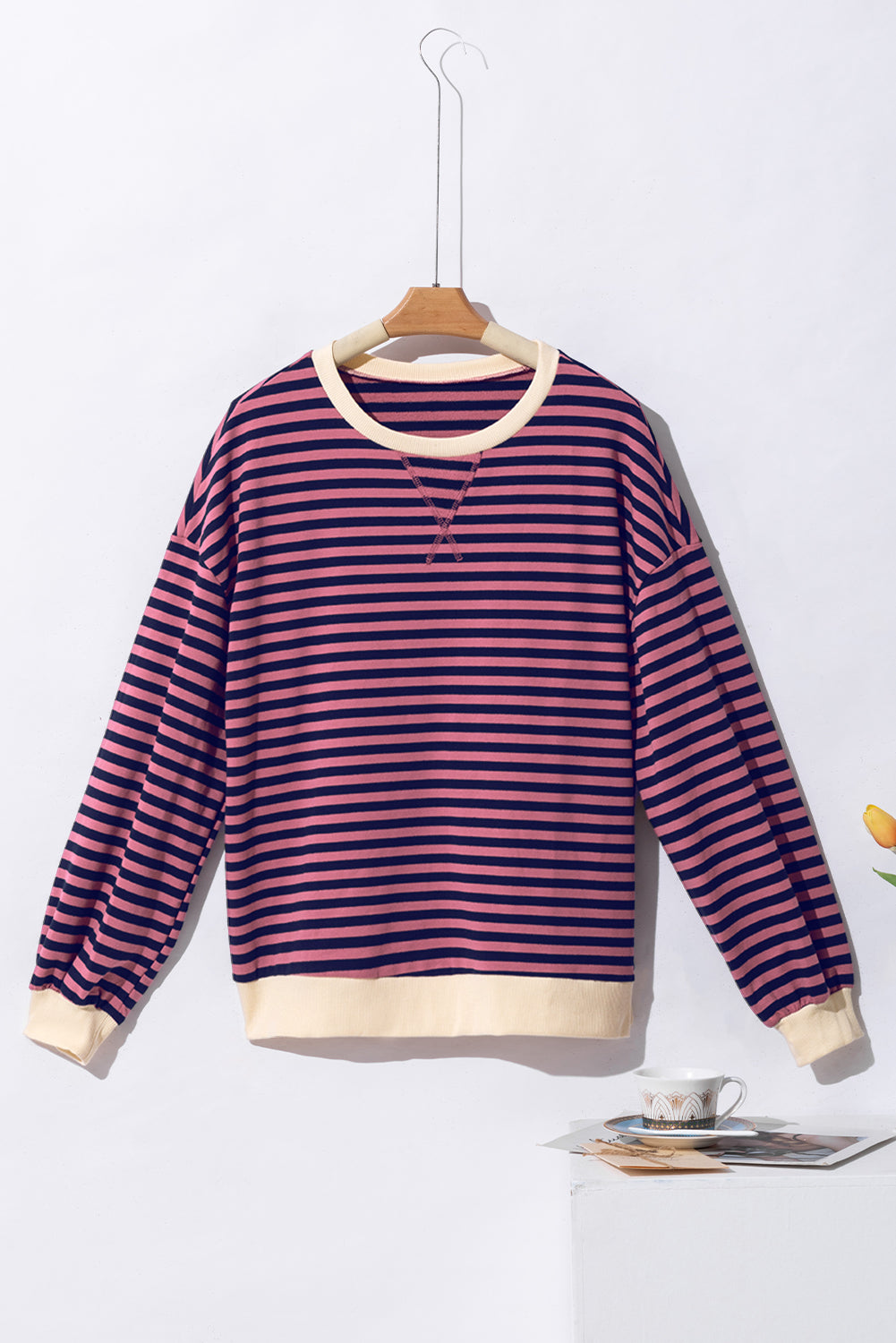 Green Stripe Oversized Contrast Trim Pullover Sweatshirt
