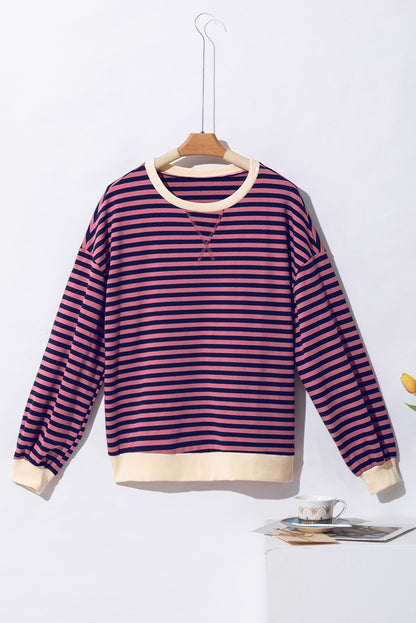 Green Stripe Oversized Contrast Trim Pullover Sweatshirt