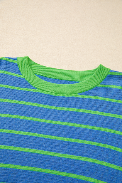 Orange Stripe Trimmed Round Neck Drop Shoulder Loose Sweater