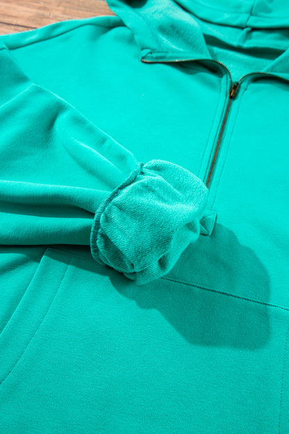 Light Grey Fleece Lined Half Zipper Kangaroo Pockets Loose Hoodie