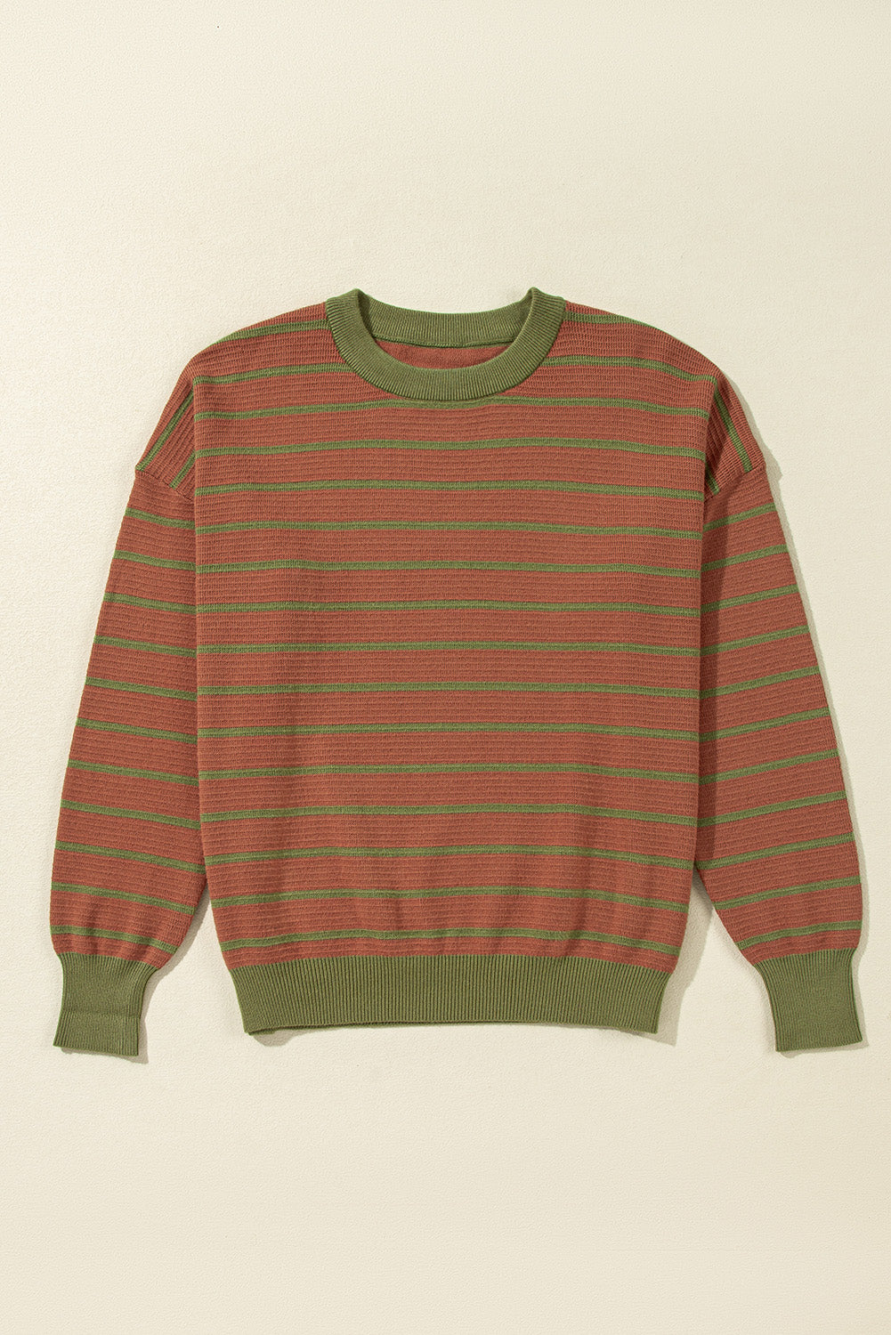 Orange Stripe Trimmed Round Neck Drop Shoulder Loose Sweater