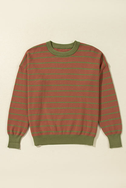 Orange Stripe Trimmed Round Neck Drop Shoulder Loose Sweater