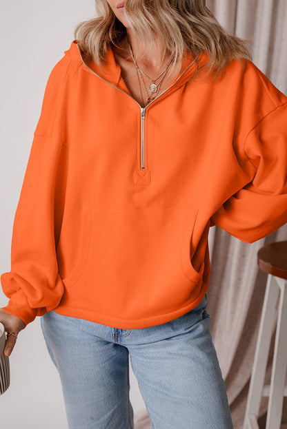 Light Grey Fleece Lined Half Zipper Kangaroo Pockets Loose Hoodie