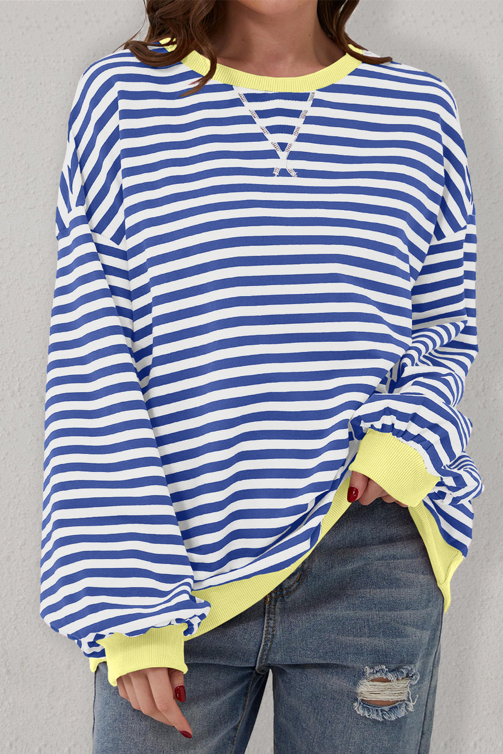 Green Stripe Oversized Contrast Trim Pullover Sweatshirt