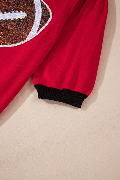 Purple Sequin Football Color Block Puff Short Sleeve Sweater