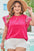 Strawberry Pink Floral Embroidered Flutter Sleeve Pleated O Neck Plus Size Blouse