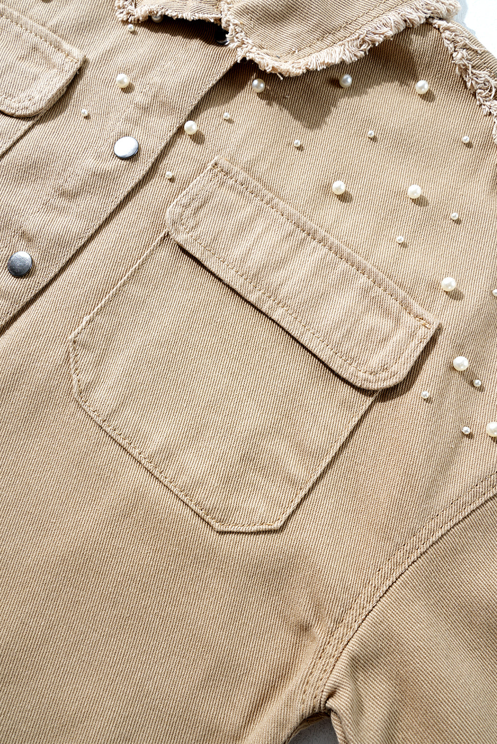 Bonbon Pearl Beaded Raw Hem Button Up Denim Jacket