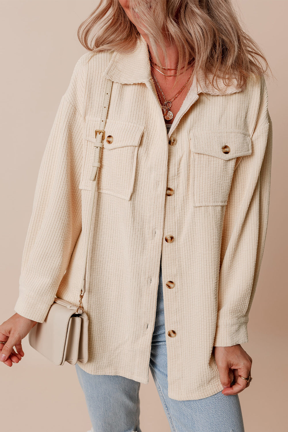 Chestnut Corduroy Flap Pocket Button Up Shacket