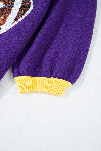 Purple Sequin Football Color Block Puff Short Sleeve Sweater