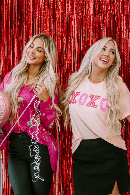 Pink Valentines Shiny XOXO Graphic T-shirt