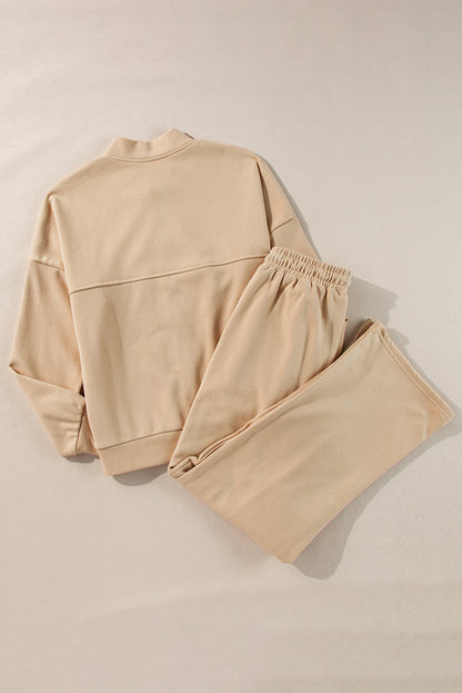 Black Solid Seamed Zipper Jacket and Drawstring Waist Pants Set