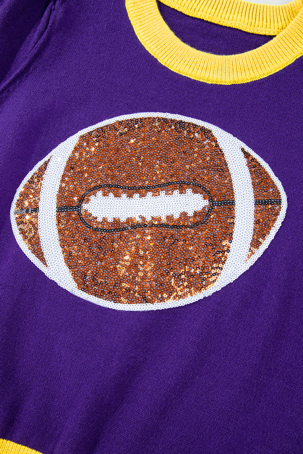 Purple Sequin Football Color Block Puff Short Sleeve Sweater