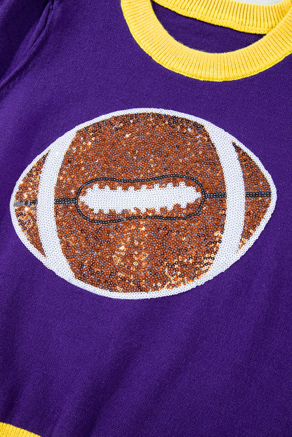 Purple Sequin Football Color Block Puff Short Sleeve Sweater