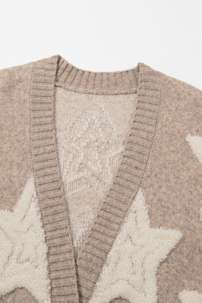 Pink Sherpa Star Pattern Textured Sweater Cardigan with Pockets