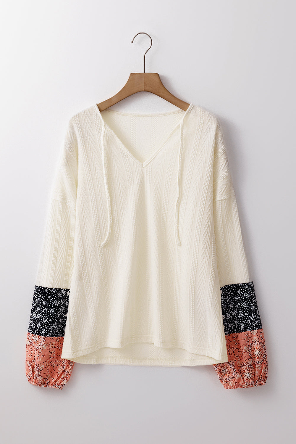 Black Floral Patchwork Textured Knit Drawstring V Neck Blouse