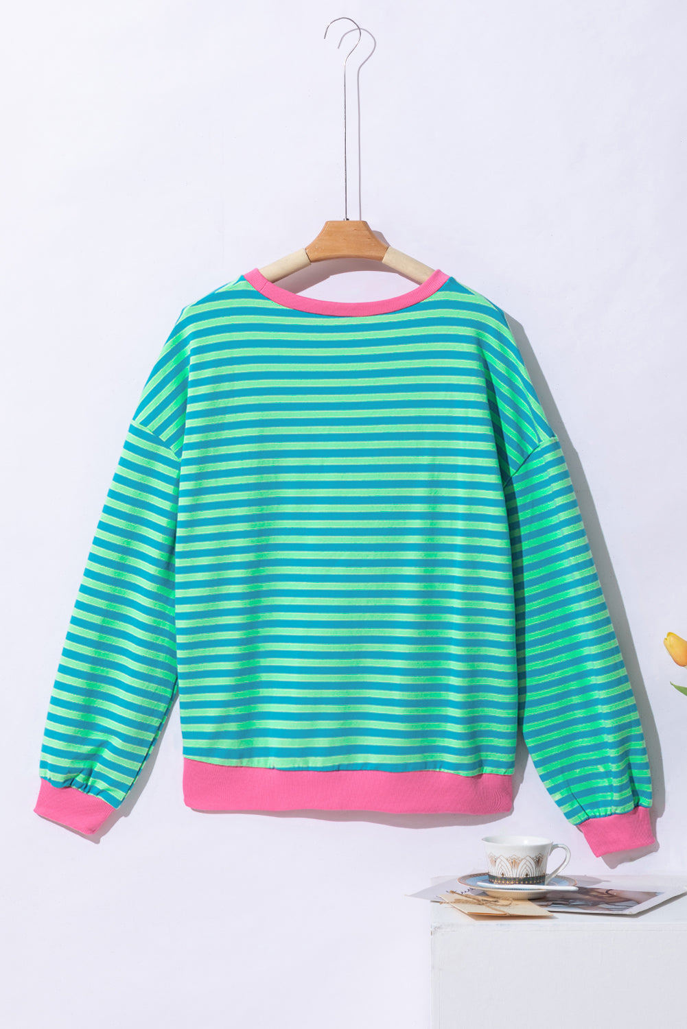 Green Stripe Oversized Contrast Trim Pullover Sweatshirt