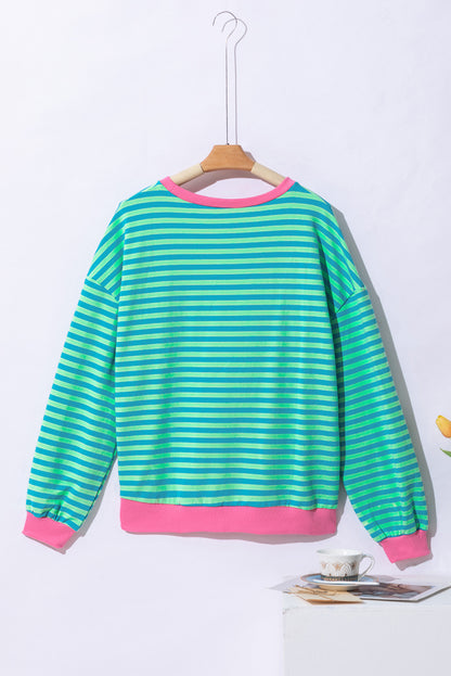 Green Stripe Oversized Contrast Trim Pullover Sweatshirt