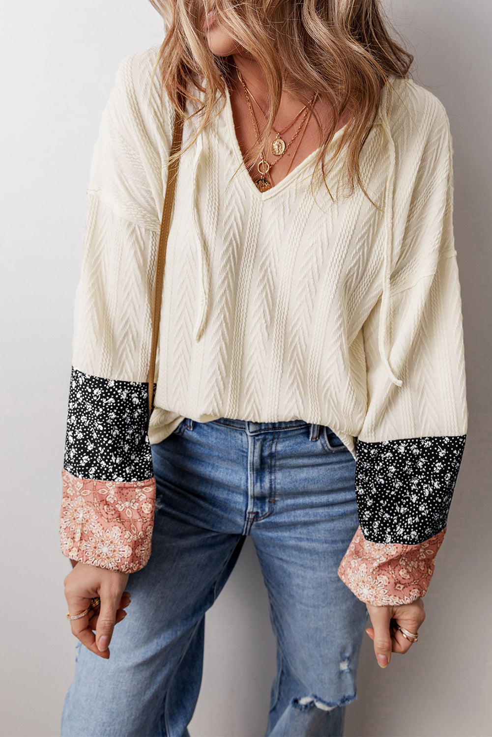 Black Floral Patchwork Textured Knit Drawstring V Neck Blouse