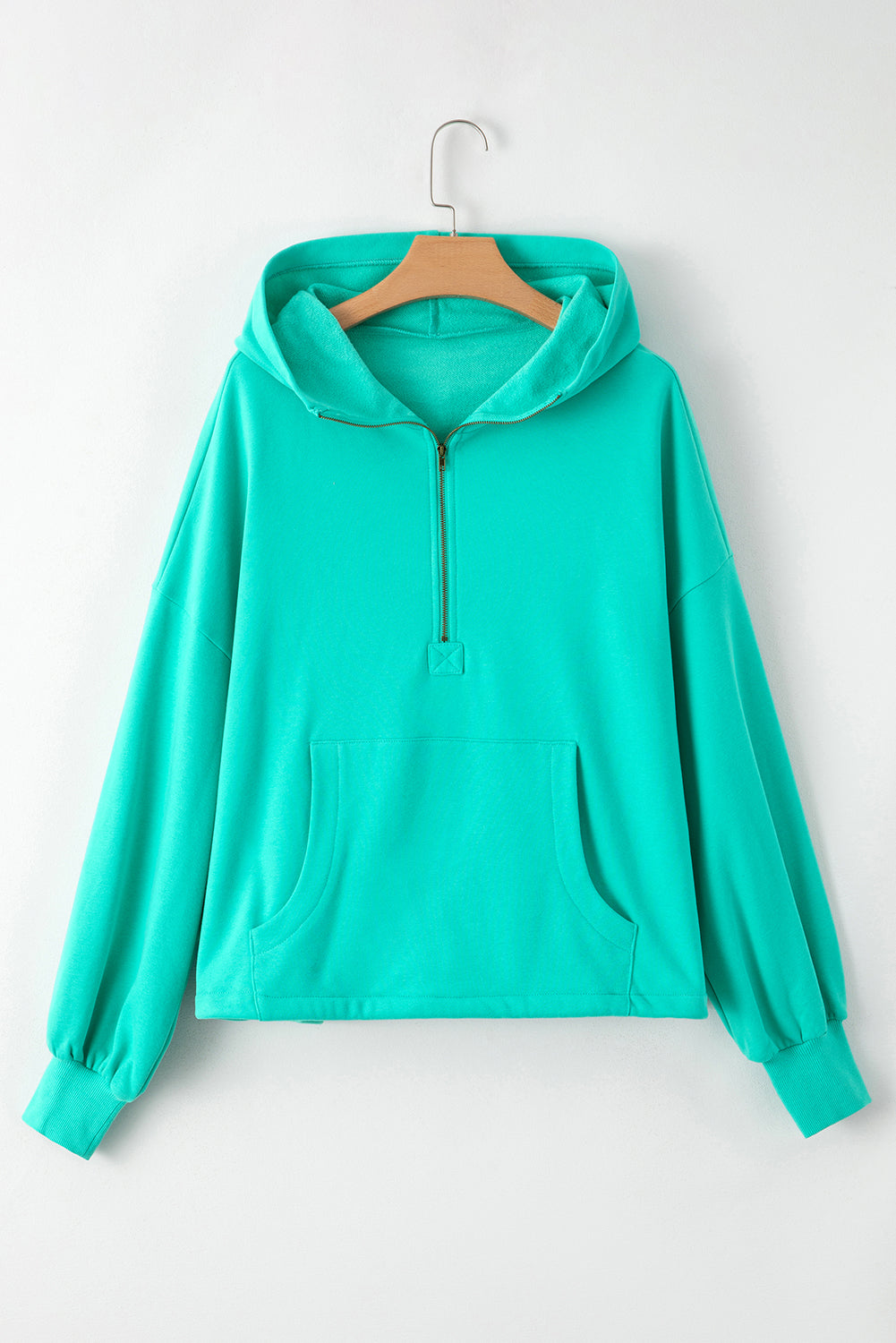 Light Grey Fleece Lined Half Zipper Kangaroo Pockets Loose Hoodie