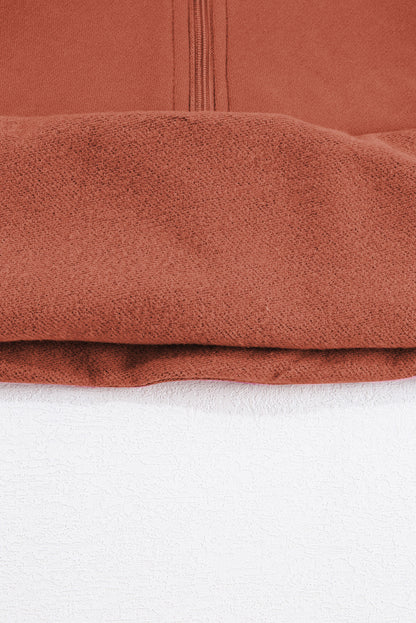 Brown Fleece Lined Zip Up Stand Collar Thumbhole Sleeve Sweatshirt