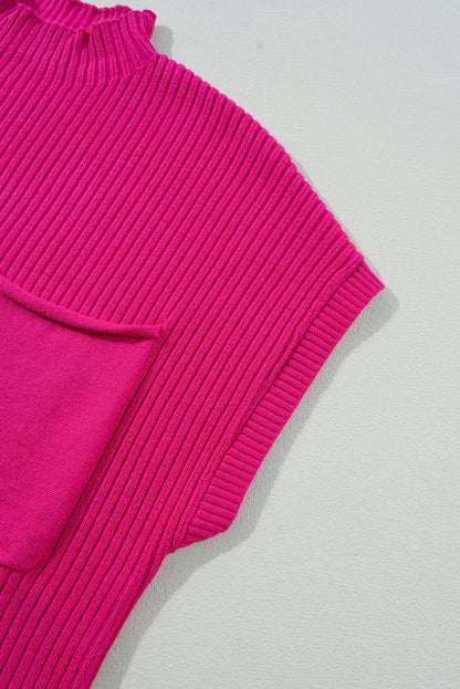 Beau Blue Patch Pocket Ribbed Knit Short Sleeve Sweater