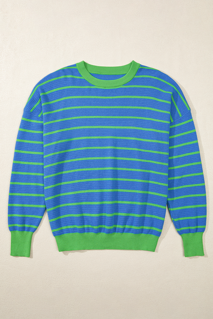 Orange Stripe Trimmed Round Neck Drop Shoulder Loose Sweater