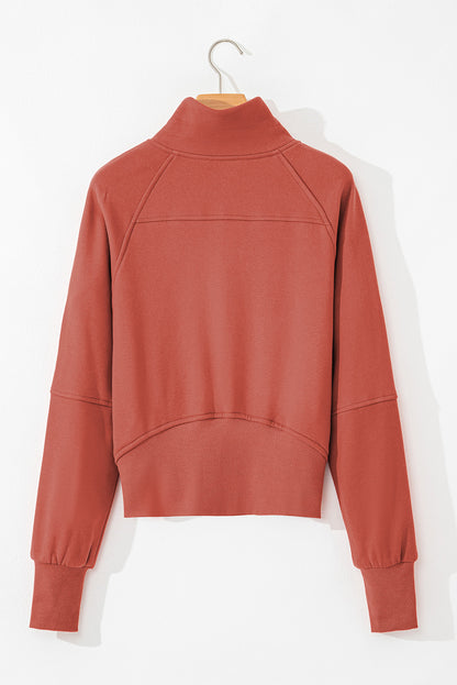 Brown Fleece Lined Zip Up Stand Collar Thumbhole Sleeve Sweatshirt