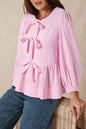 Pink Stripe Bowknot Front Crew Neck Puff Sleeve Blouse